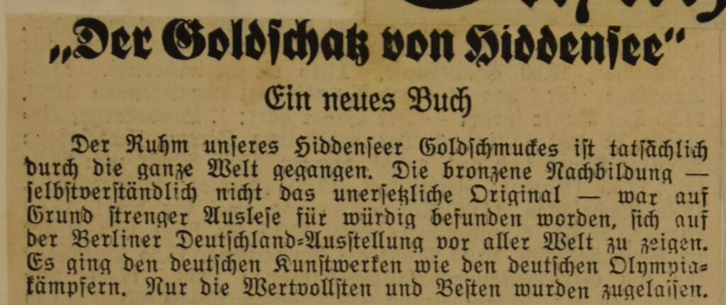 Das Stralsunder Tageblatt vom 29. August 1936 berichtet über die Auswahl des Hiddenseeschmucks für die Deutschland-Ausstellung